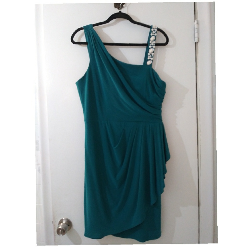 Teal dress with gemstone sleeve accent